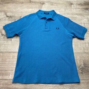 Fred Perry Shirt Polo Mens M Blue Cotton Waffle Knit Pique Raglan Short Slv